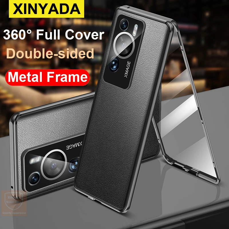 For Huawei P60 Pro Case 360 Covers Tempered Glass Flip Leather Phone Case For Huawei P60 Pro Cover Metal Double Sided Luxury Bag