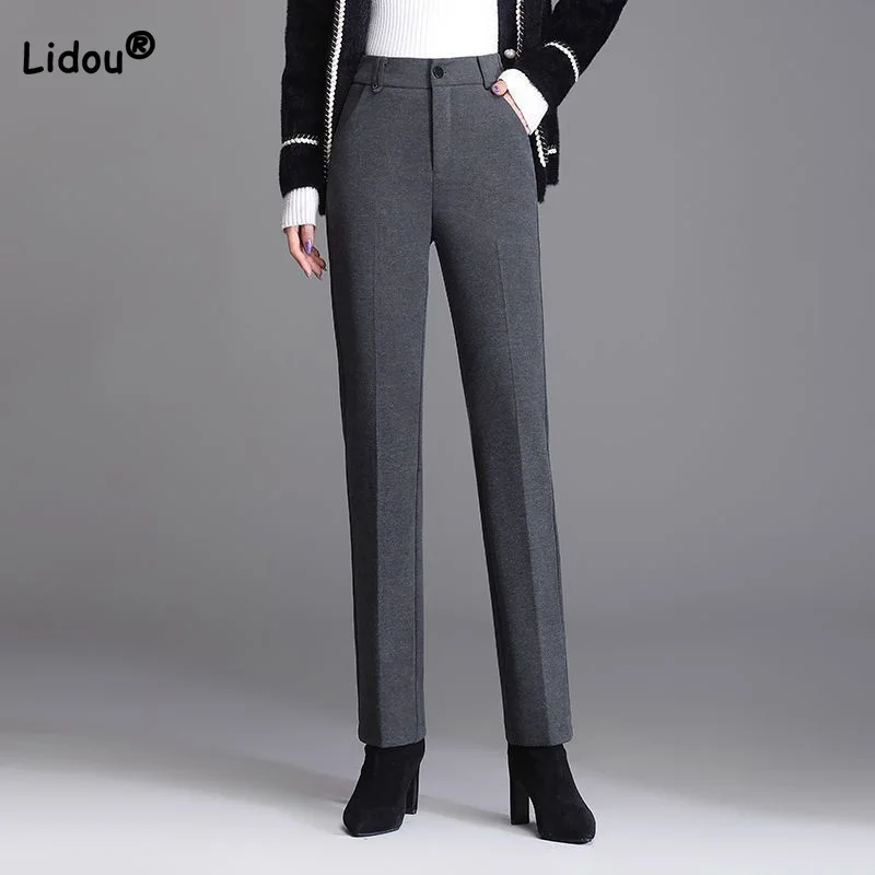 

Drape Woolen Cloth Zipper Solid Color Straight Trousers Autumn Winter Office Lady Pockets Button Higt Waist Casual Women's Pants