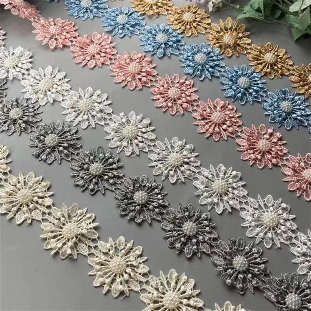 10 pz/lotto Fiore di Perle Organza Tessuto Del Ricamo Patch di Pizzo Trim Nastro Vestiti 3D Che Borda Fiore Abito Da Sposa FAI DA TE Applique 5 cm