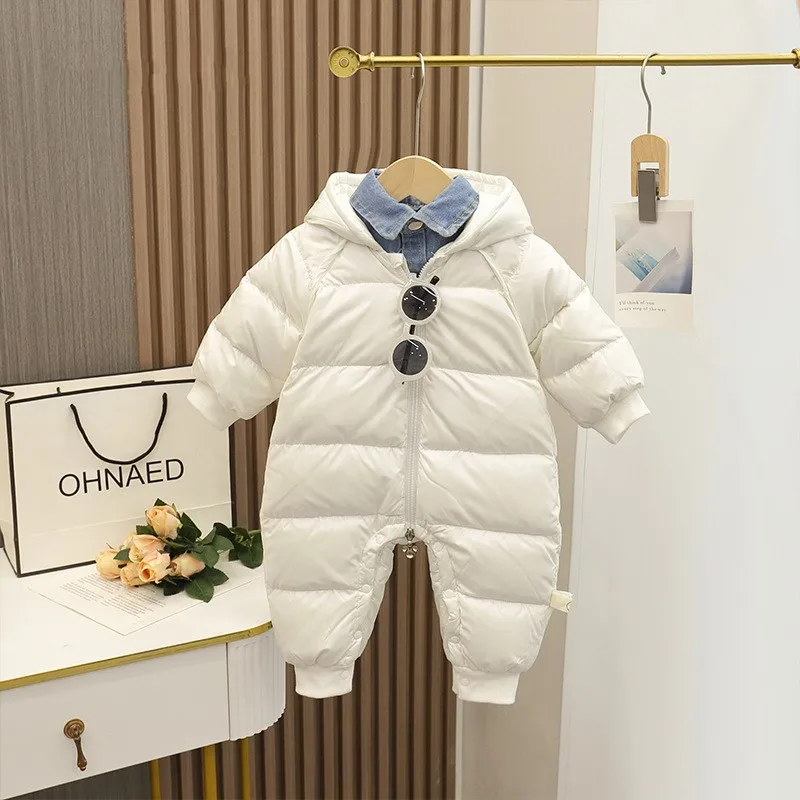 Baby Winter Down Boys and Grils  Baby Winter Onesie 90% White Duck Down and Velvet Thick Hooded Patchwork Lapel Winter Clothing