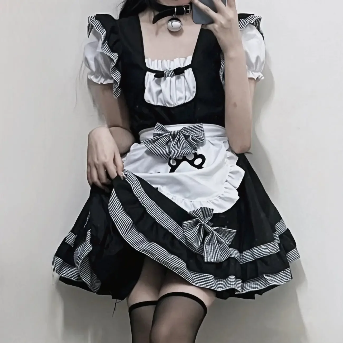 Süßes Dienstmädchen-Uniform-Cosplay-Kleid, Katze, Lolita, Prinzessinnen-Stil, knöchellang, Polyesterfaser, kurze Ärmel, lockeres Taillen-Design