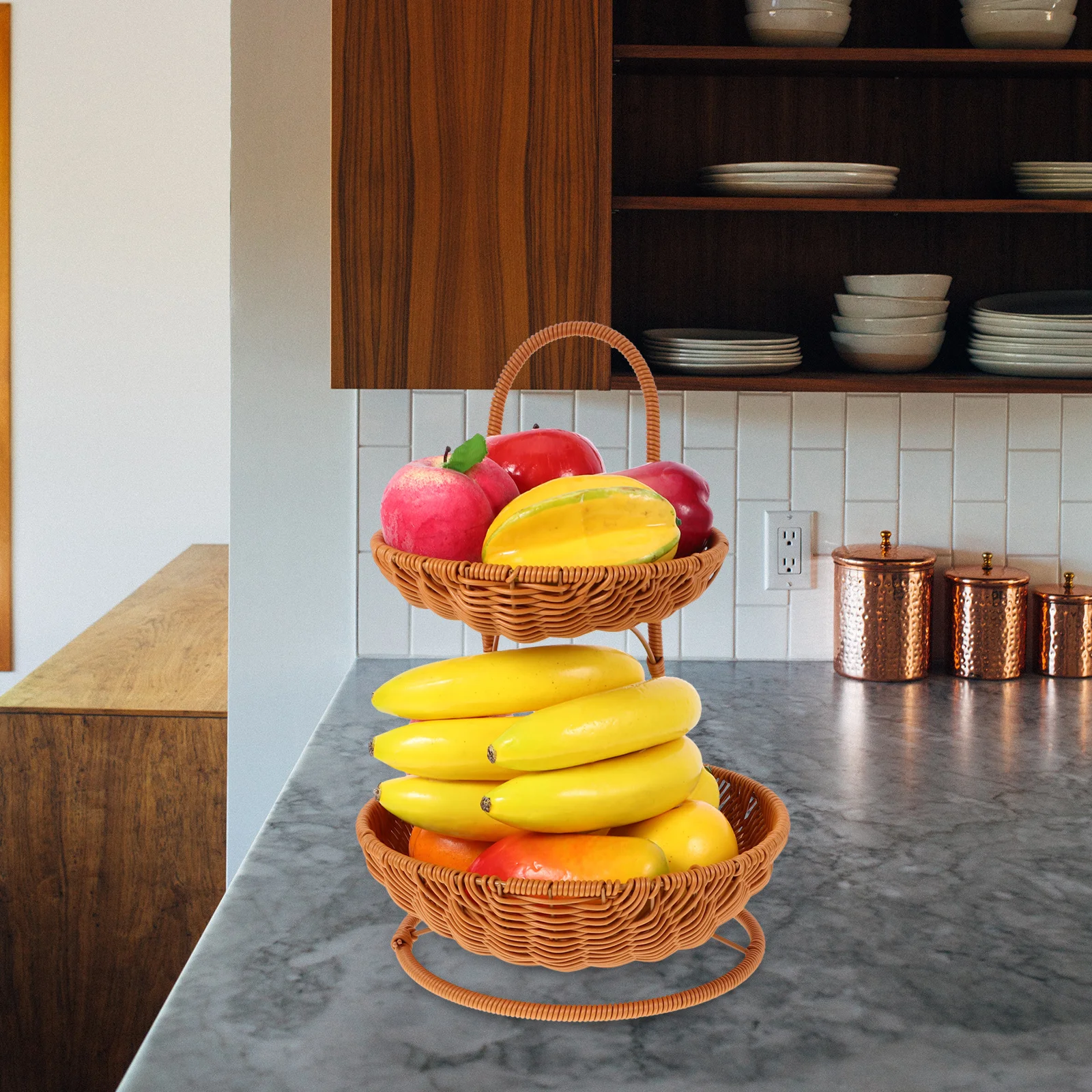 

Plastic Round Storage Basket Double Handle Nonslip Fruit Tray Snack Holder for Home Office Kitchen Multifunctional Organizing