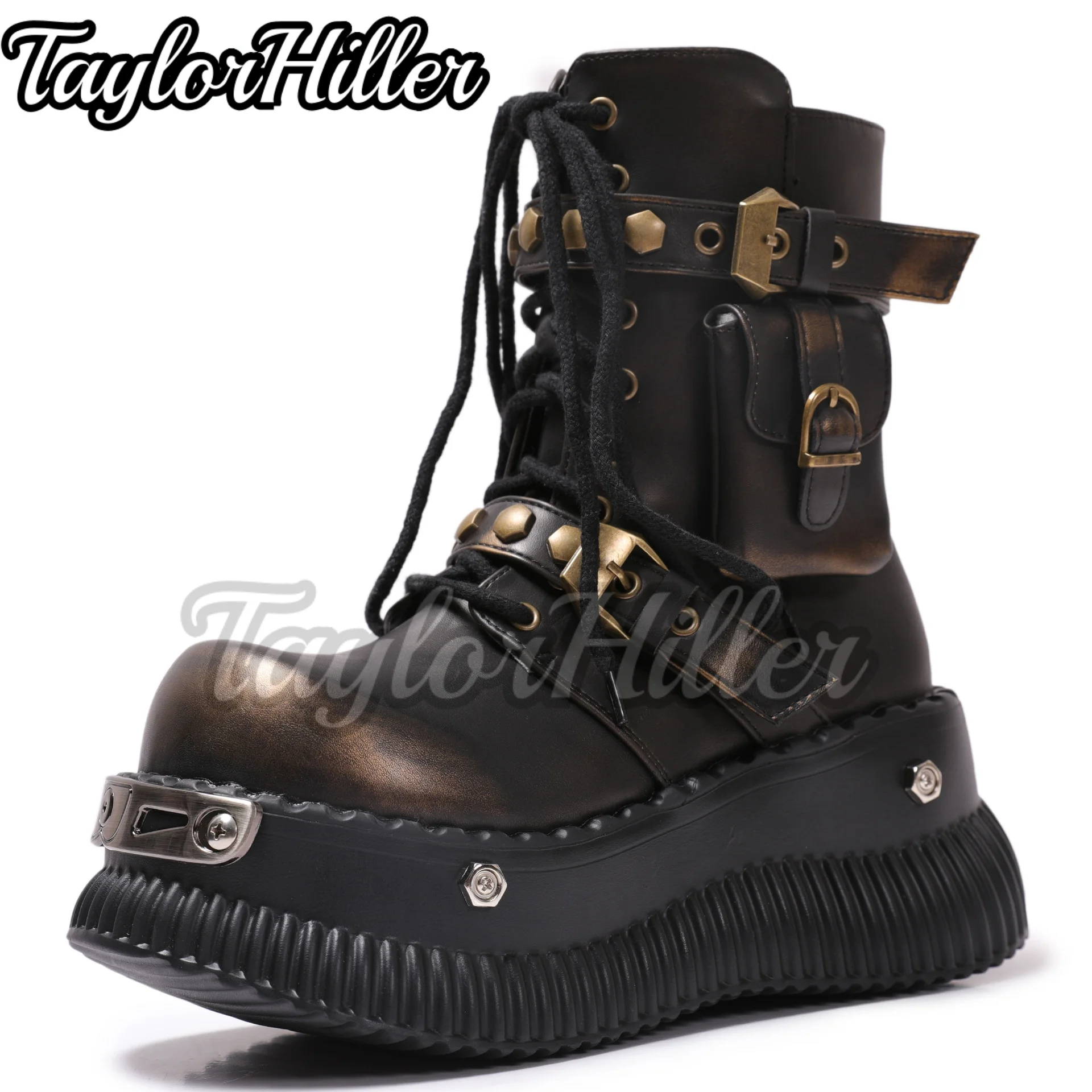 

Rock Brown Mixed Color Boots Round Toe Botas Square Heel Belt Rivets Lace Up Shoes Autumn Winter Man Women Zapatos De Mujer 2025