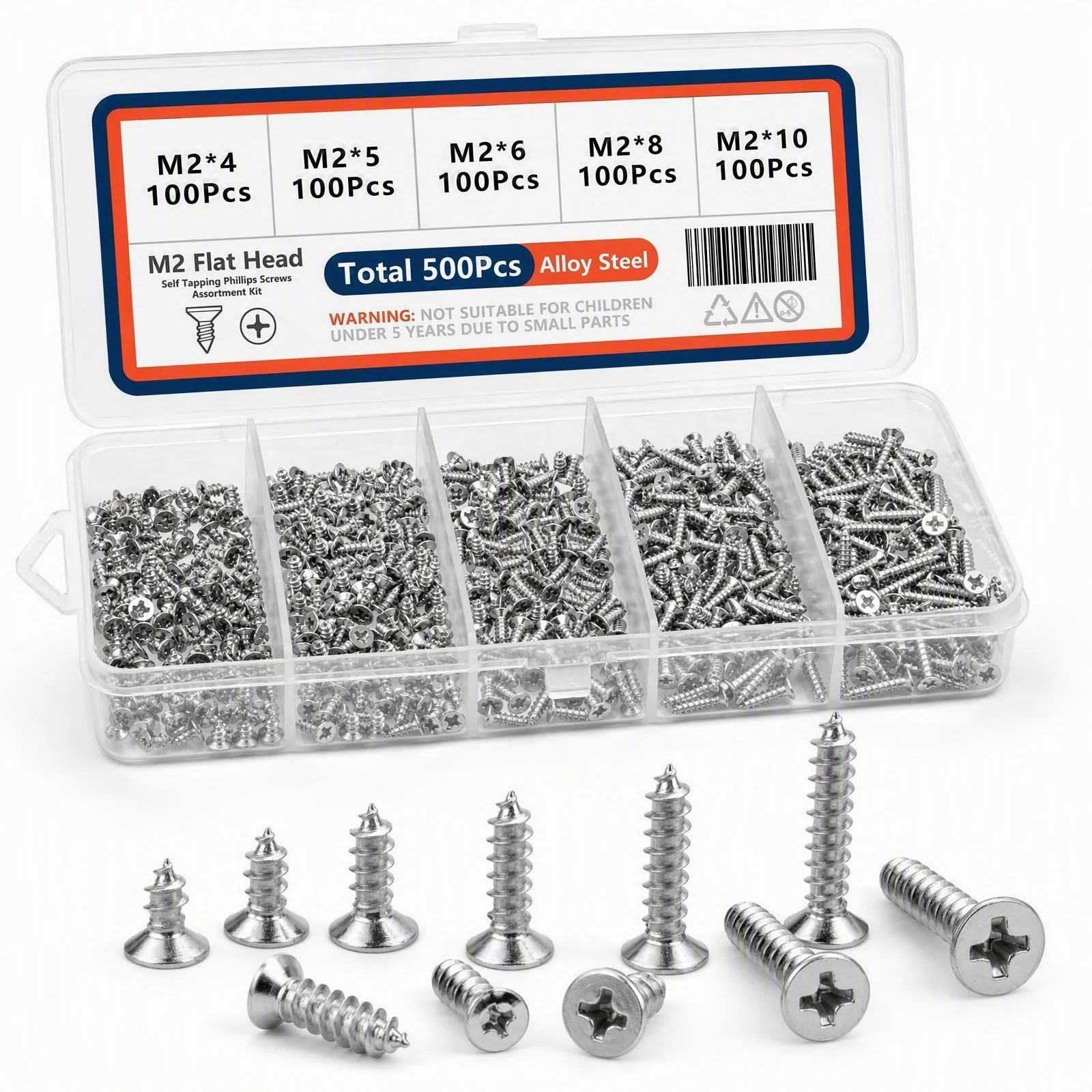 500pcs M2 Self-Tapping Phillips Screw Assortment Kit, Screw Assortment Kit, Self-Tapping Phillips Screw Set, Assorted Size Screw