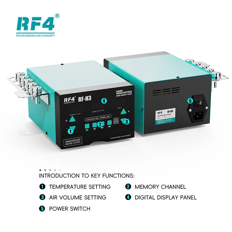 

RF4 H3 1200W Hot Air Rework Station 100°C-480°C LCD Display 50L/Min Turbo Fan 4 Memory Channels Precision for PCB/SMD/BGA Repair