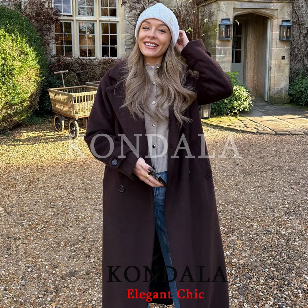 เสื้อโค้ทผู้หญิง KONDALA รุ่นฤดูใบไม้ร่วง ดีไซน์หรูหรา ผ้าผสม ทรงยาว ปกเสื้อแบบลาペル ติดกระดุมสองแถว เสื้อโค้ทอุ่นๆ แฟชั่นปี 2026 สำหรับฤดูหนาวและฤดูใบไม้ผลิ สไตล์ไฮสตรีท