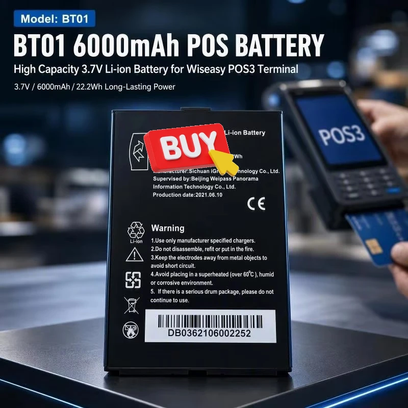 BT01 3.7V 6000mAh Li-ion Replacement Battery Compatible with Wiseasy POS3 POS Payment Terminal Card Reader