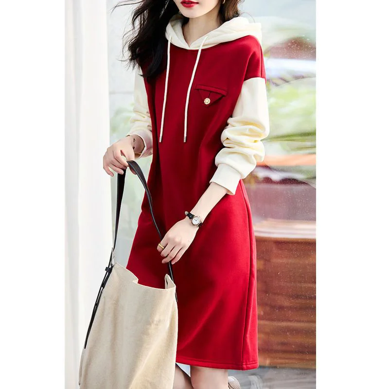 Fashion Hooded Spliced Loose Fake Two Pieces Casual Dresses Female Clothing 2023 Autumn New Oversized Korean Mini Dress