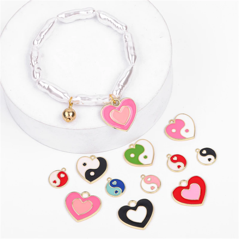 4Pcs Enamel Love Heart Yin and Yang Charms Kongfu Tai Chi Charms Pendants for Bracelets Earrings DIY Jewelry Making Accessories