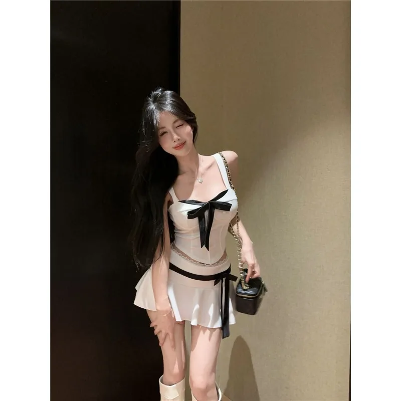 Süße Schleife Slim Fit Camisole Trägerloses Top für Frauen + Y2k Spitze Patchwork Hohe Taille Röcke 2025, Sommer Neue Zweiteilige Sets