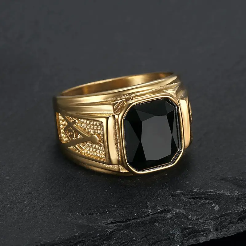 Gold Colour Black Glass Freemason AG Geometric Rings Stainless Steel Hip Hop Men Personalized Fashion Ring Classic Jewelry