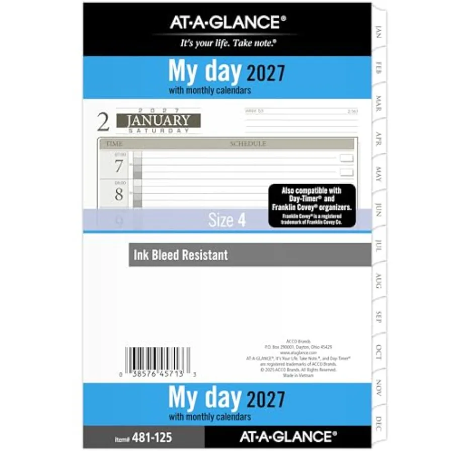 

Planner Refill Daily, 5.5" x 8.5", Desk Size 4, One Page Per Day Refill, 7-Ring Loose-Leaf 481-125-27