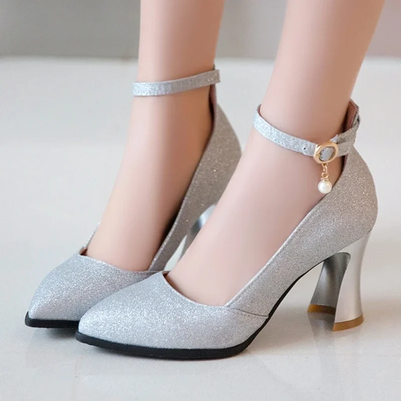 

Серебряные туфли-лодочки на высоком каблуке, женские туфли 2024, роскошные женские туфли с ремешком на щиколотке, золотые туфли на каблуке для вечеринок, офиса, свадьбы, танцев, большой размер 48