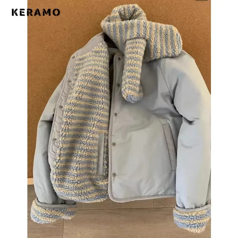 Women's Casual Single Breasted Parkas 2025 Winter Blue Sweet Long Sleeve Outerwear Jacket Lovely Warm Striped Thick Coat