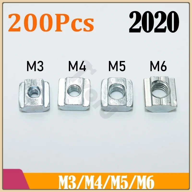 

200p/lot T Sliding Nut Block Square Nuts M3 M4 M5 M6 for 2020 Aluminum Profile Slot Sliding Nut in Aluminum Connector 3D Printer