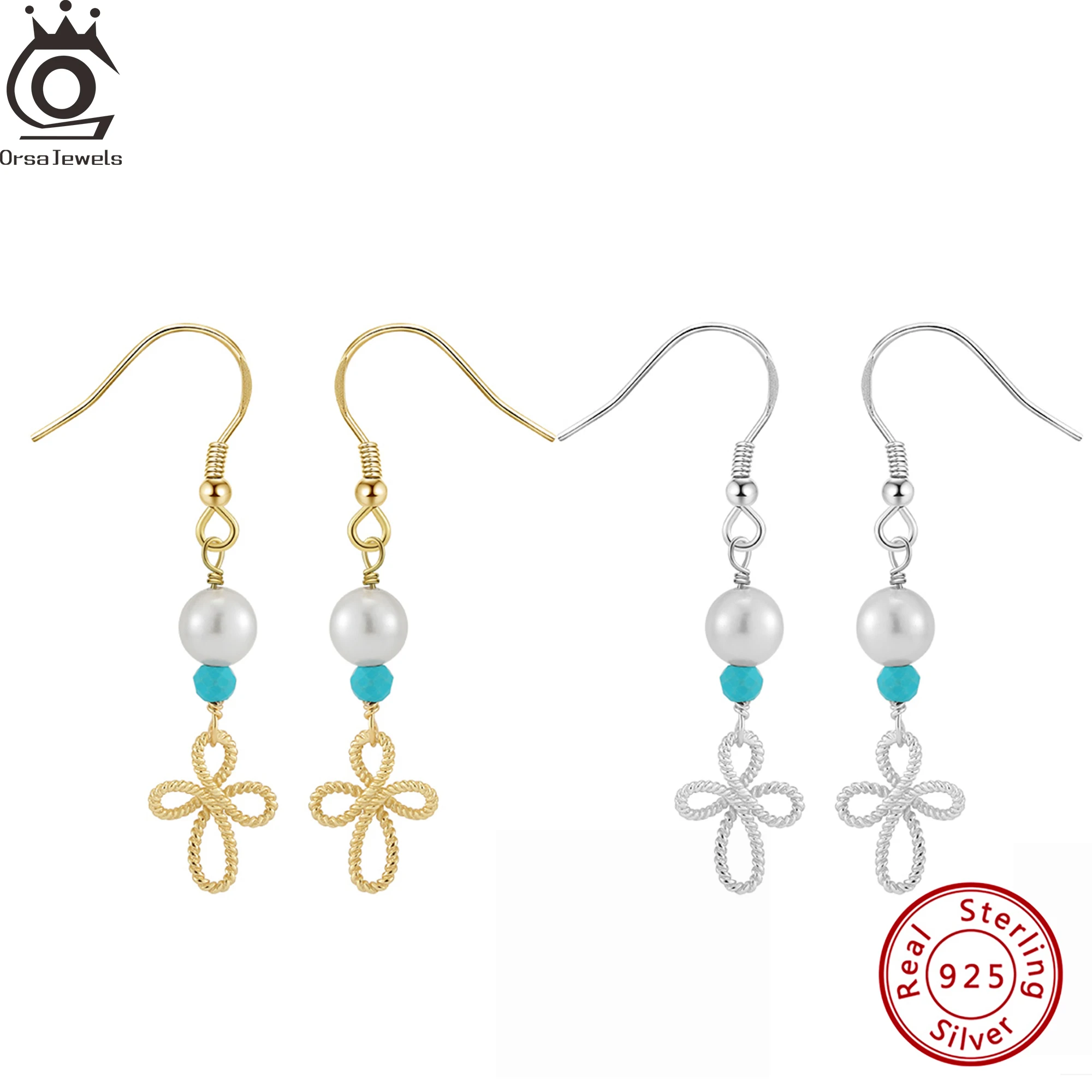 

ORSA JEWELS 925 Sterling Silver Turquoise Flower Shaped Dangle Earrings with Freshwater Pearl Natural Stone Drop Ear Gift GME49