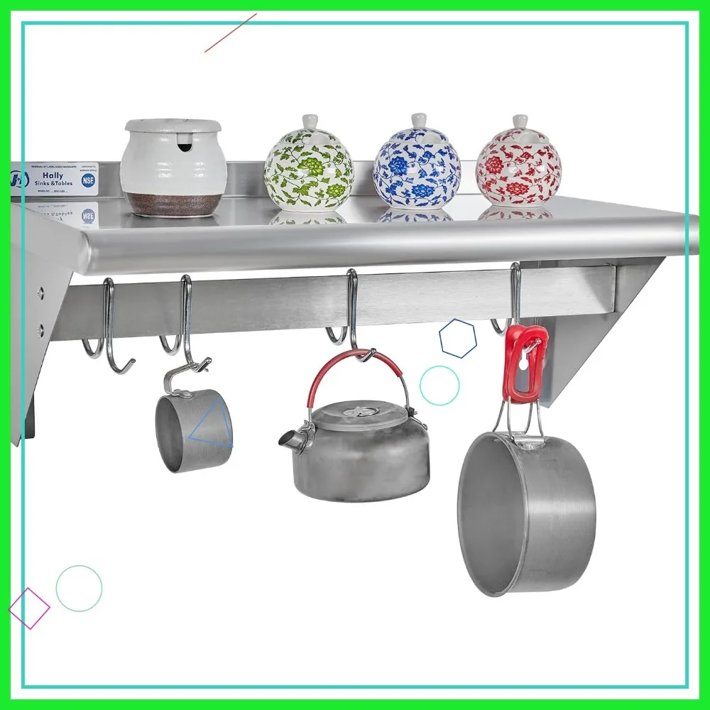 

Stainless Steel Wall Shelf with 4 Hooks, 12x24 Inch Floating Shelving for Kitchen Storage in Restaurant, Home