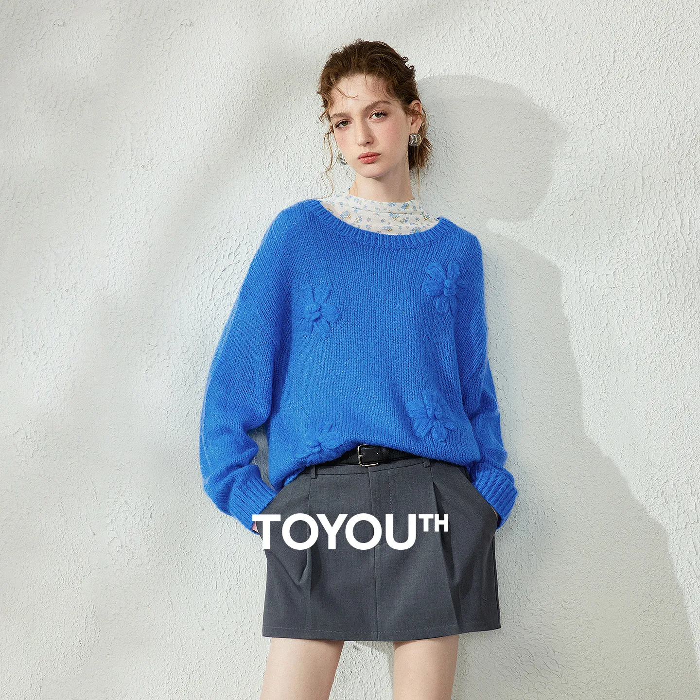 TOYOUTH Women Sweater 2026 Autumn New Wool‑Blend 3D Floral Heavy Craft Design Loose Crew Neck Knit Tops