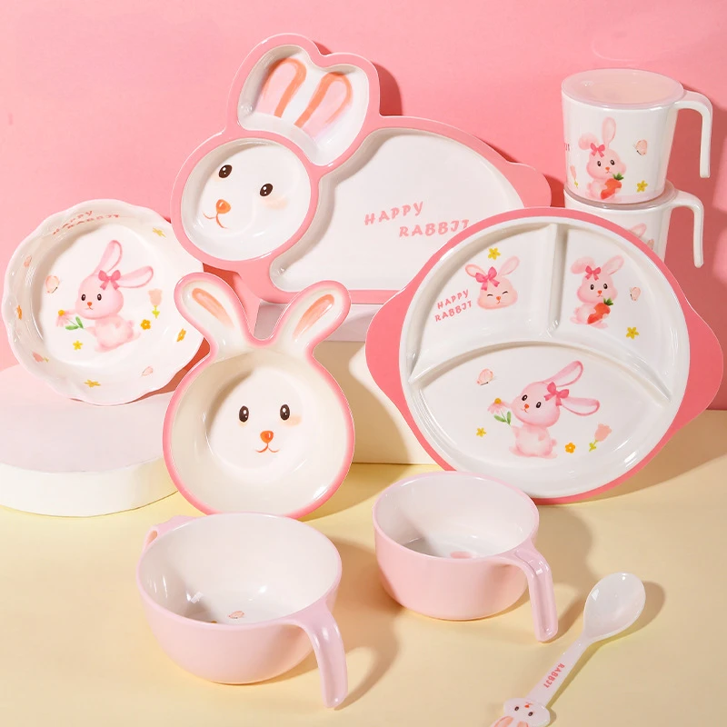 

Pink Moe Rabbit Children's Tableware Girl Rabbit Supplementary Food Bowl Baby Bowl Grid Plate Cute Cartoon