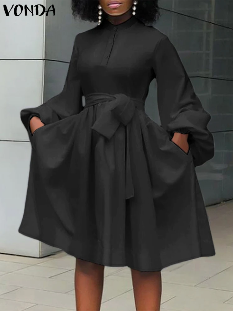 Plus Size 5XL VONDA ELegant Long Sleeve Sundress Women Knee-Length Dress 2024 Casual High Stand Collar Vestidos Solid Color Robe