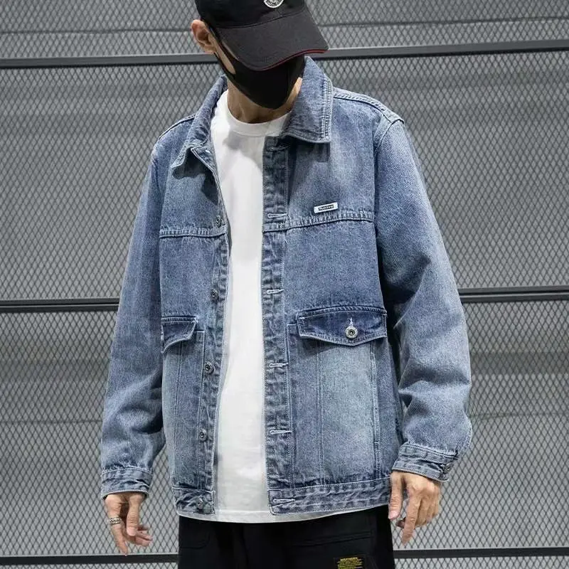 Men's Denim Jacket Overcoat Blue Fashion Male Jean Coats Button Winter Outerwear Designer Outwear Low Cost Casual New in Vintage