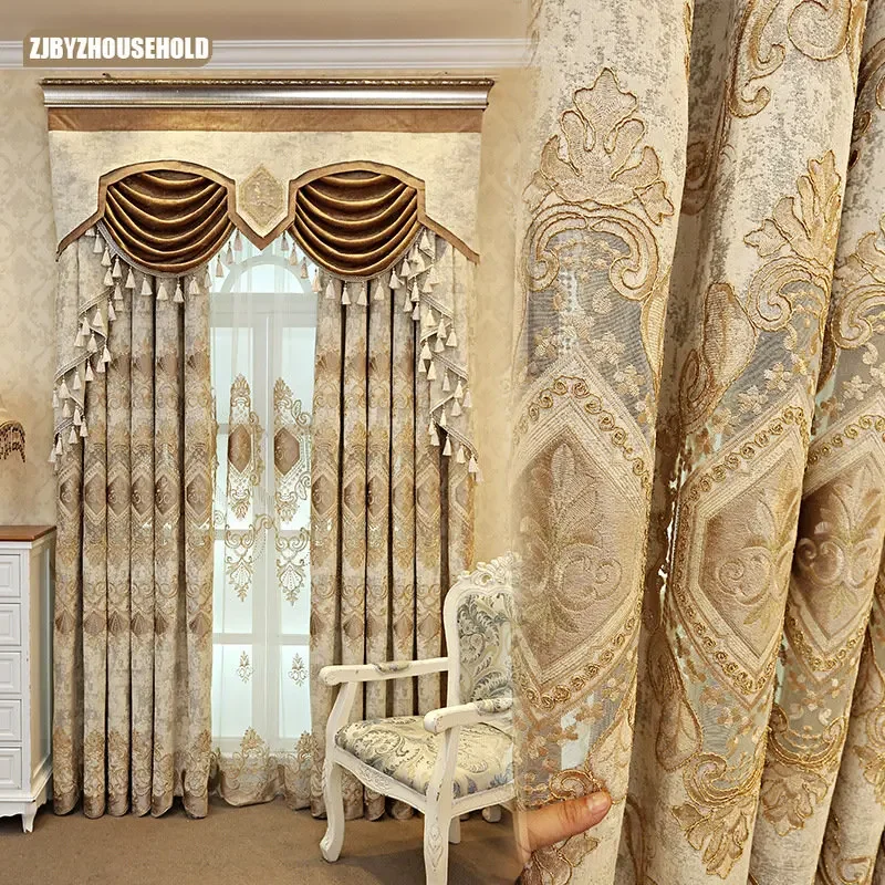 

European-style Curtains for Living Dining Room Bedroom Curtains Embroidered Blackout Fabric Gauze