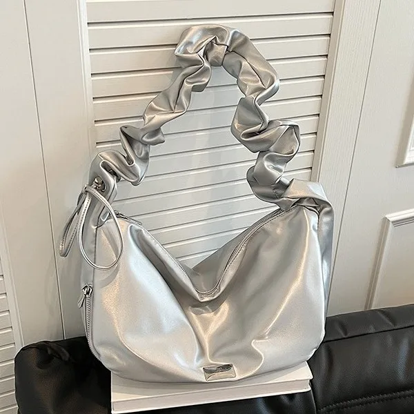 Women PU Leather Shoulder Bag Ruched Strap Hobo Purse Large Capacity  Commuter with Drawstring Detail Chic Crossbody Handbag
