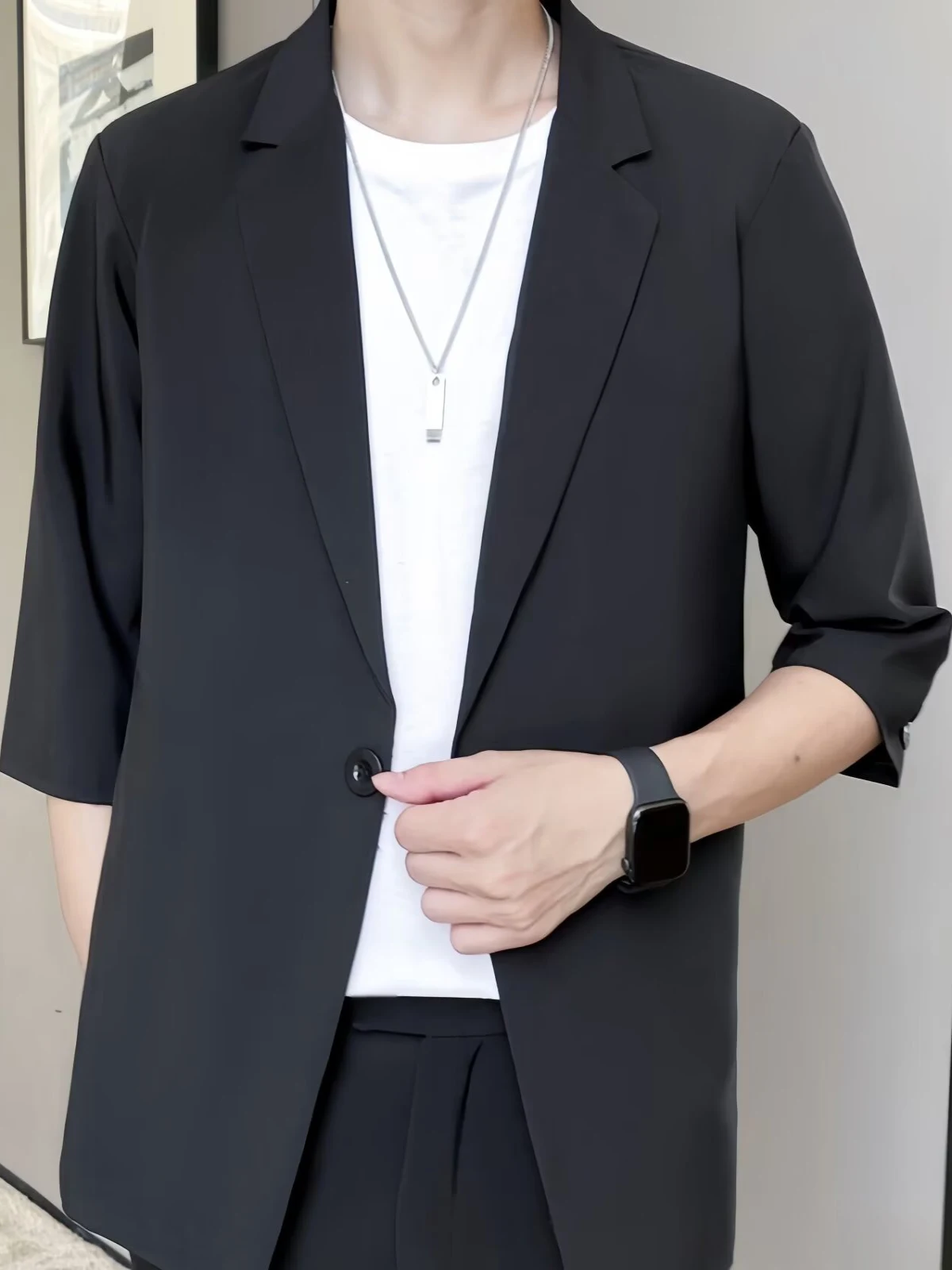 

Summer Men's Casual Suit Loose Seven-Quarter Sve Outerwear ort-Sve Haome Single-Button Suit Top Youth Faion