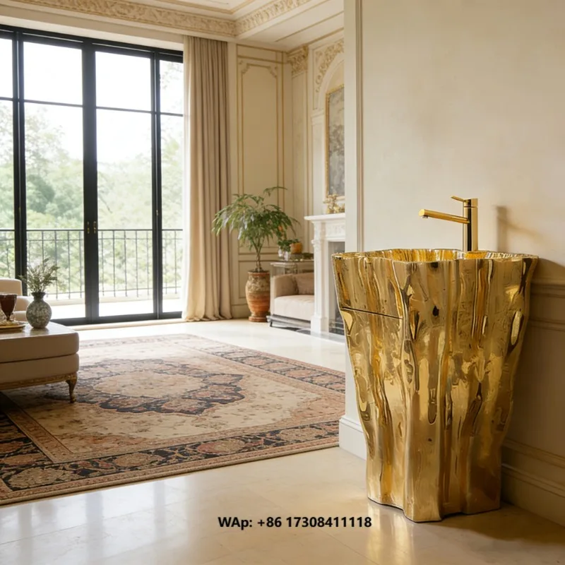 High End Artistic Statement Pedestal Sink with Gold Tree Trunk Texture Fiberglass Construction for Luxury Bathroom