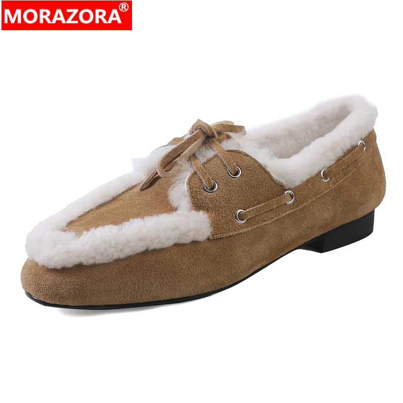 

MORAZORA 2026 New Cow Suede Leather Women Loafers Lace Up Flat Shoes Thick Fur Warm Winter Shoes Casual Flats Female Footwear