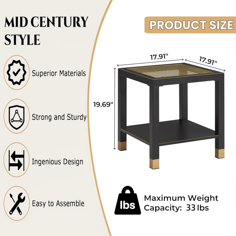 Square Side Table with Shelf, Boho Style Side Table for Living Room, Tempered Glass End Table with Metal Frame, Nightstand fo view 6