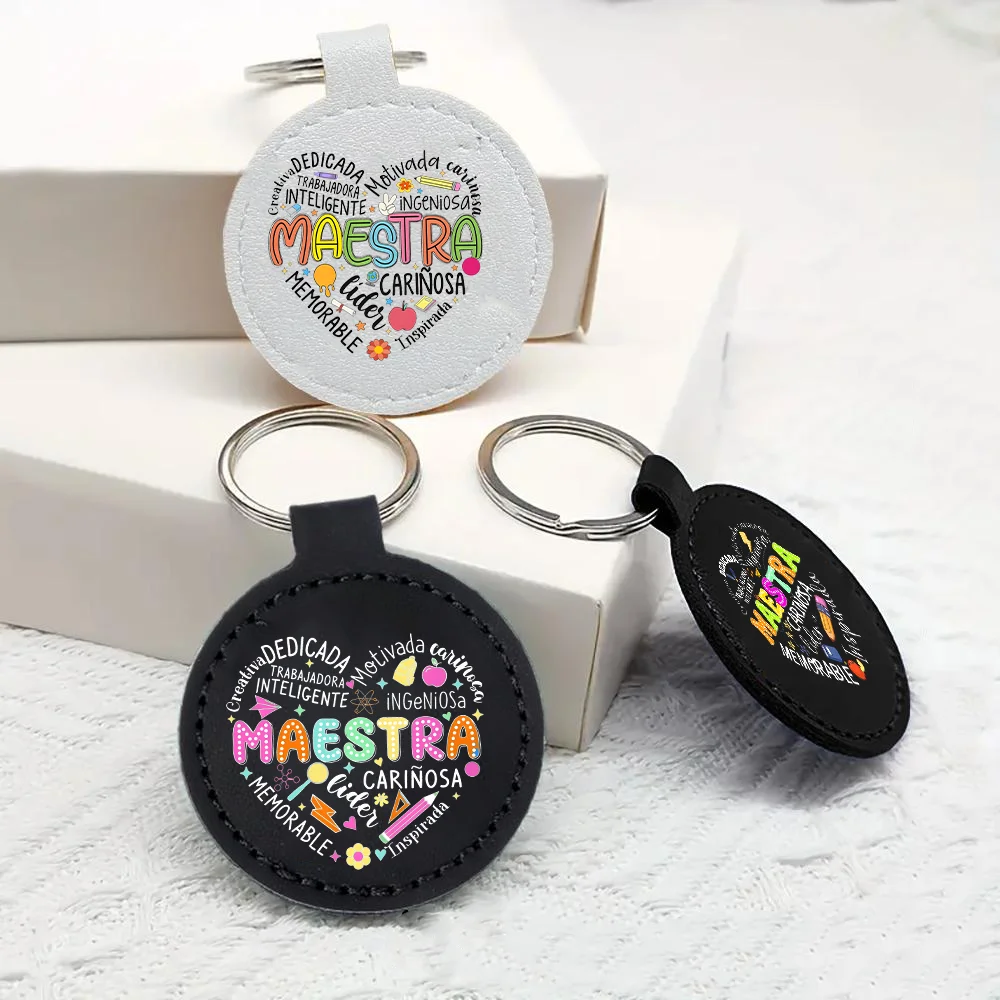 MAESRA Print Key Chain Custom Leather Keychain Keyring Car Key Bags Jewelry Accessories Spanish Teachers Day Best Gifts