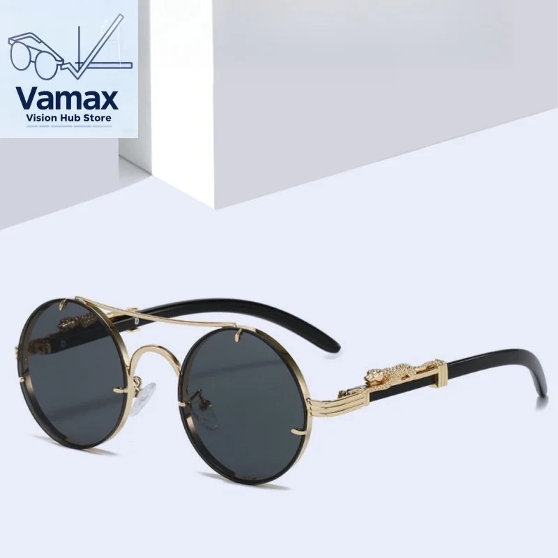 

VAMAX European American Fashion Leopard Head Sunglasses Men Round Metal Double Bridge