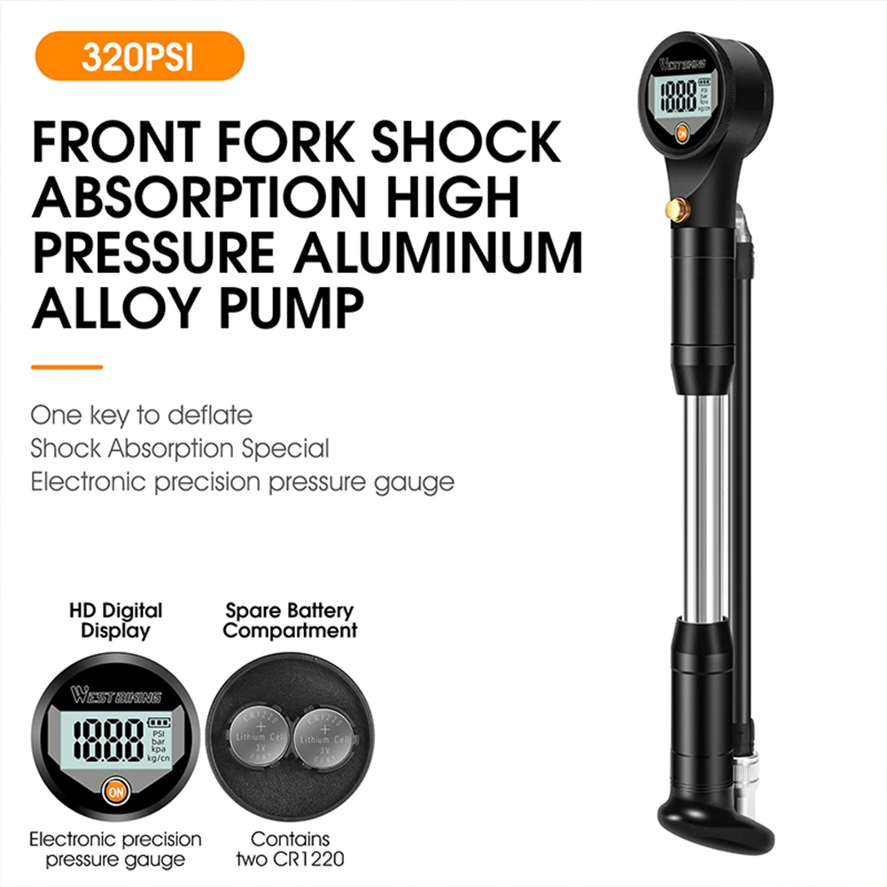 WEST BIKING Bike Fork Air Pump 320PSI High Pressure Front Fork Pump with Digital Gauge for MTB Bicycle Fork Rear Suspension