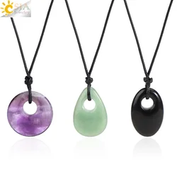 CSAJ Natural Stone Donut Necklace for Women Energy Amethysts Pink Quartz Water Drop Pendant Rope Necklaces Jewelry T112