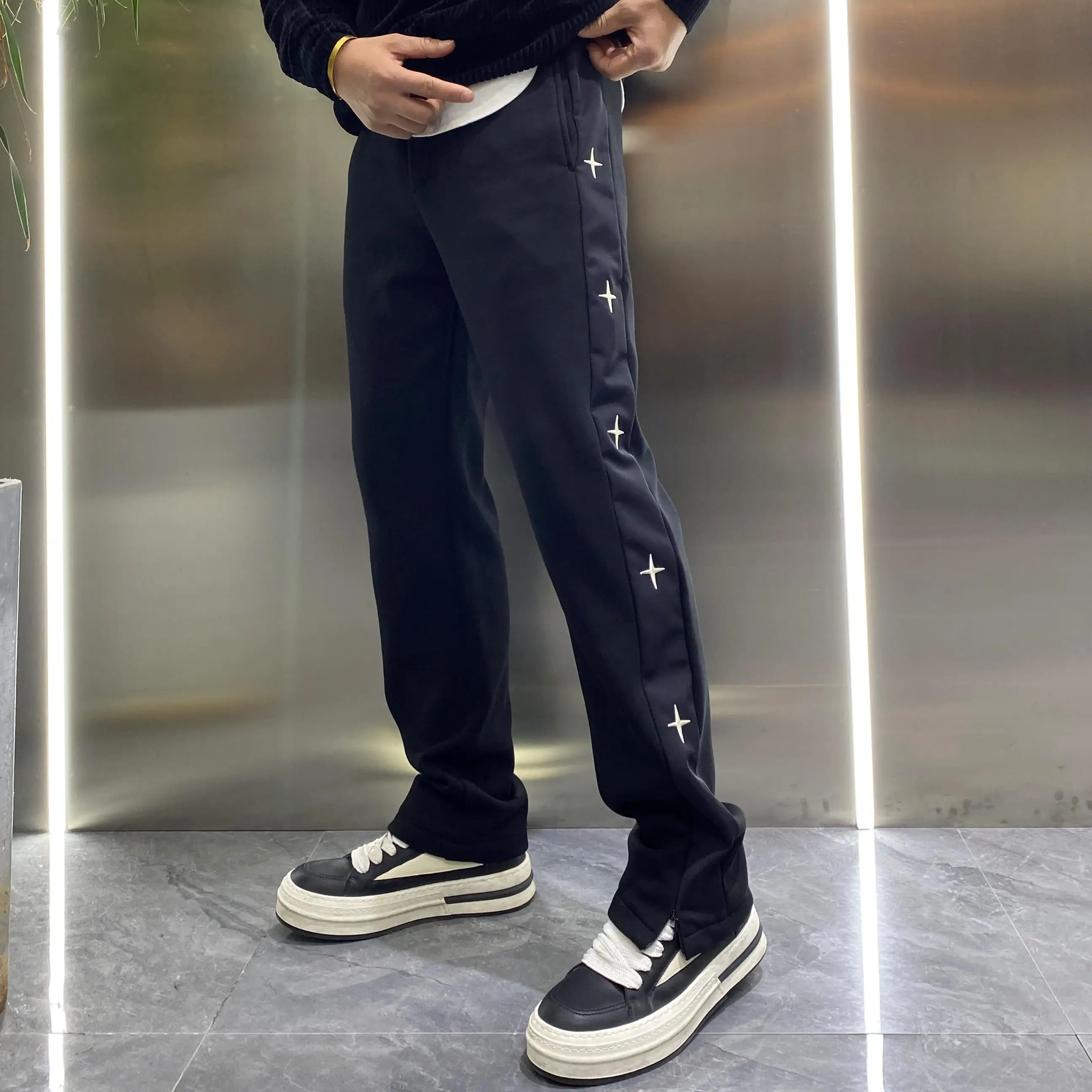 

High-End Patchwork Cross Stitched Loose Harlan Sweatpants Men's Straight Leg Spor Casual Pants Fce Lined Thiened