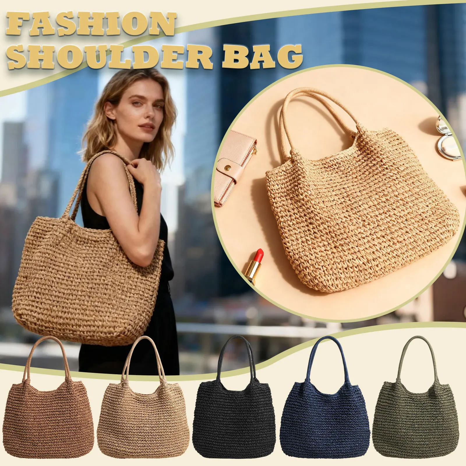 المرأة خمر حقيبة كتف سعة كبيرة الكروشيه حقيبة يد الشاطئ غلق بمشبك إغلاق بسيط النسيج حقيبة يد السيدات عطلة حقيبة #1