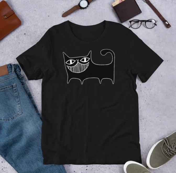 Cute Abstract Black Cat Line Art T Shirt Minimalist Grinning Cat Design Short-sleeved Tee Aesthetic Casual Top for Women/Girls