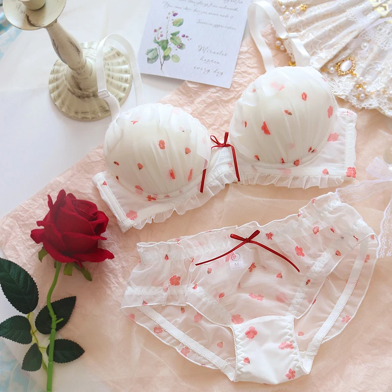 French Kawaii Lolita Sexy Push Up Bra Set Cute Lace Underwear Women Plus Size Lingerie Pink White Bra And Panty Set Sujetador