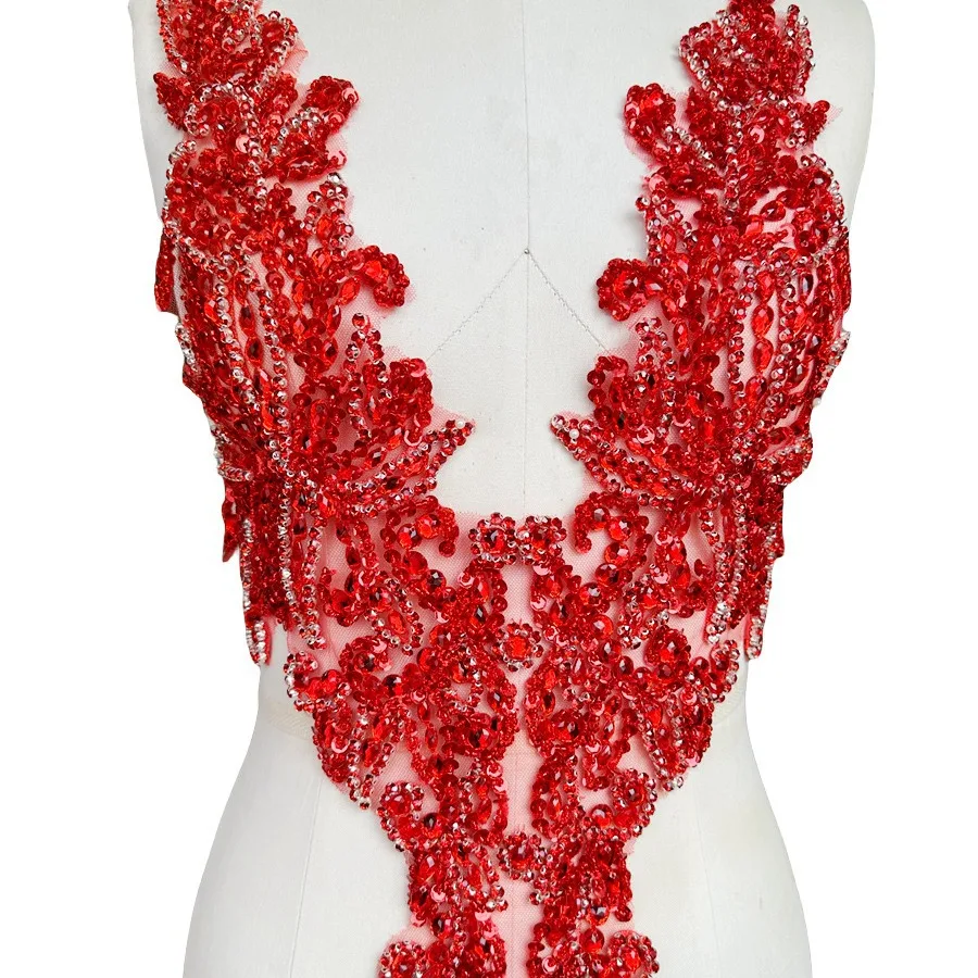 16 Colors Handwork Beaded Sequin Rhinestone Deep V-Neck Patches for Evening Dresses Decorative Embellishments Fabric Material