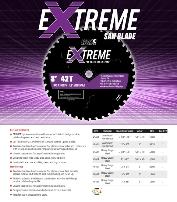 Abrasives Extreme Saw Blade Ferrous Cermet 45404 Heavy Guage Steel 12