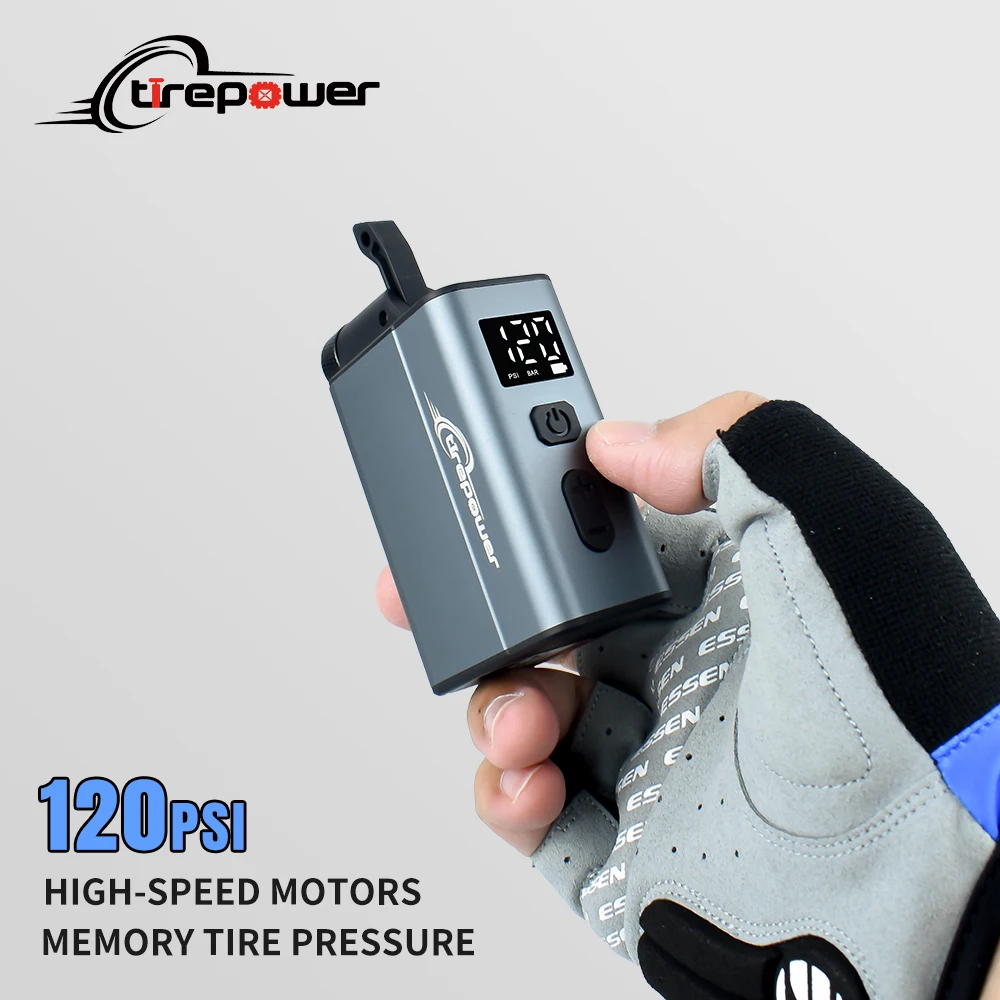 Tiny Pump Bike Pump with Gauge Portable Mini 120PSI Electric Bicycle Pump Type-C Rechargeable Auto Stop with Presta Schrader