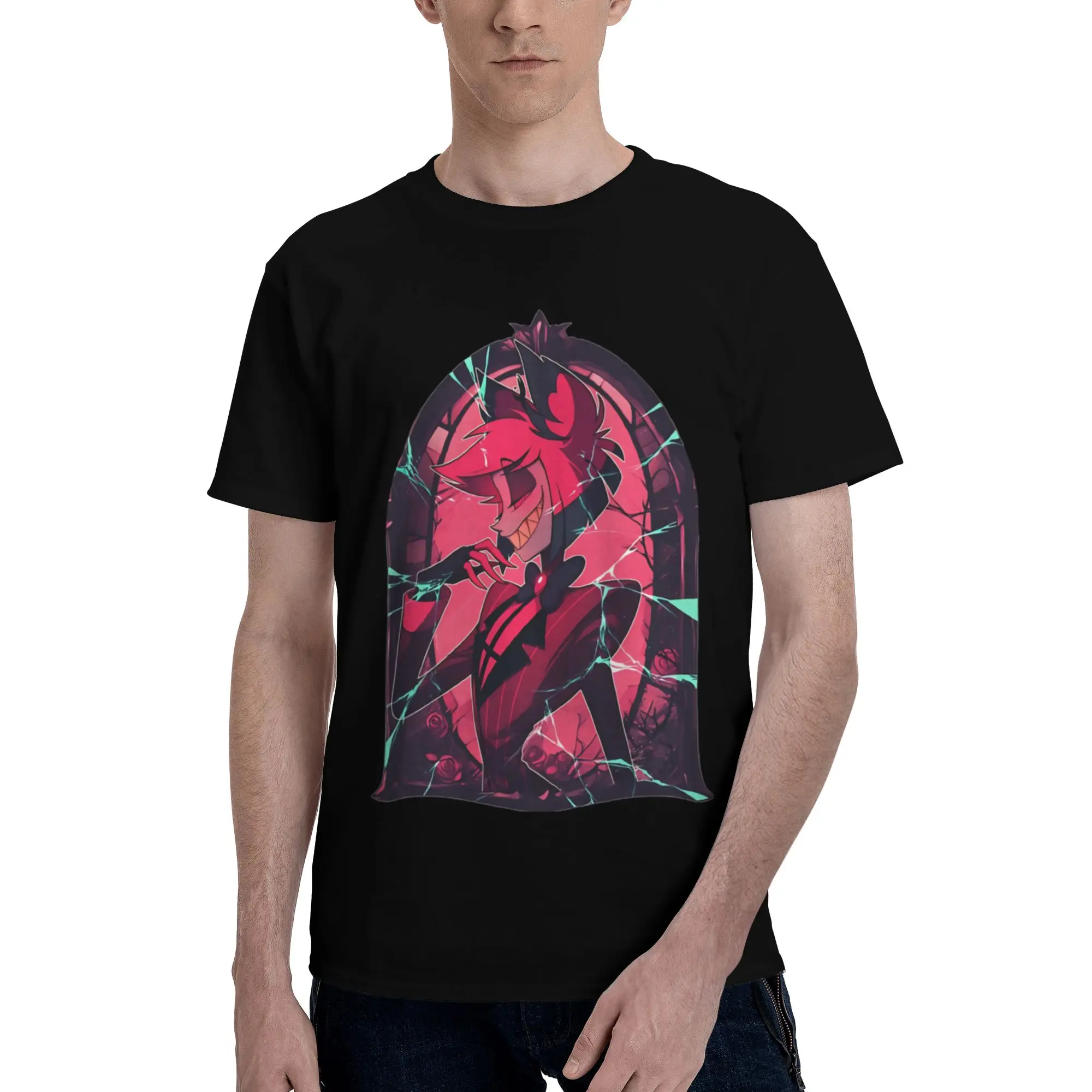 Stained Glass Alastor Cracked Men T Shirt Hazbin Hotel Crazy Tees Short Sleeve Round Collar 100% Cotton Original Clothes T-Shirt