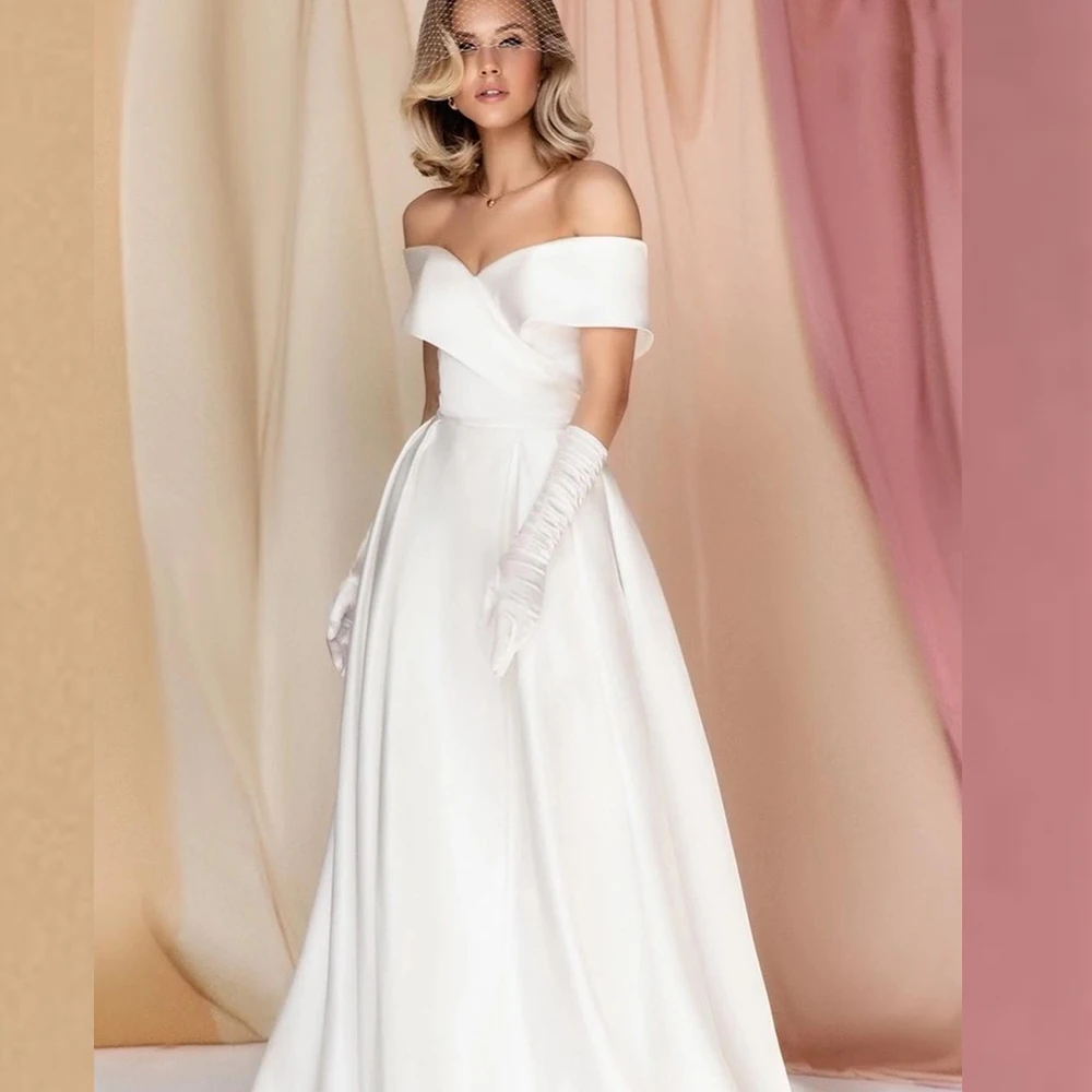 

Simple Ivory Mermaid Satin Wedding Dresses 2022 Off Shoulder A-Line A-Line Robe De Mariee Short Sleeve Elegant Civil Customize