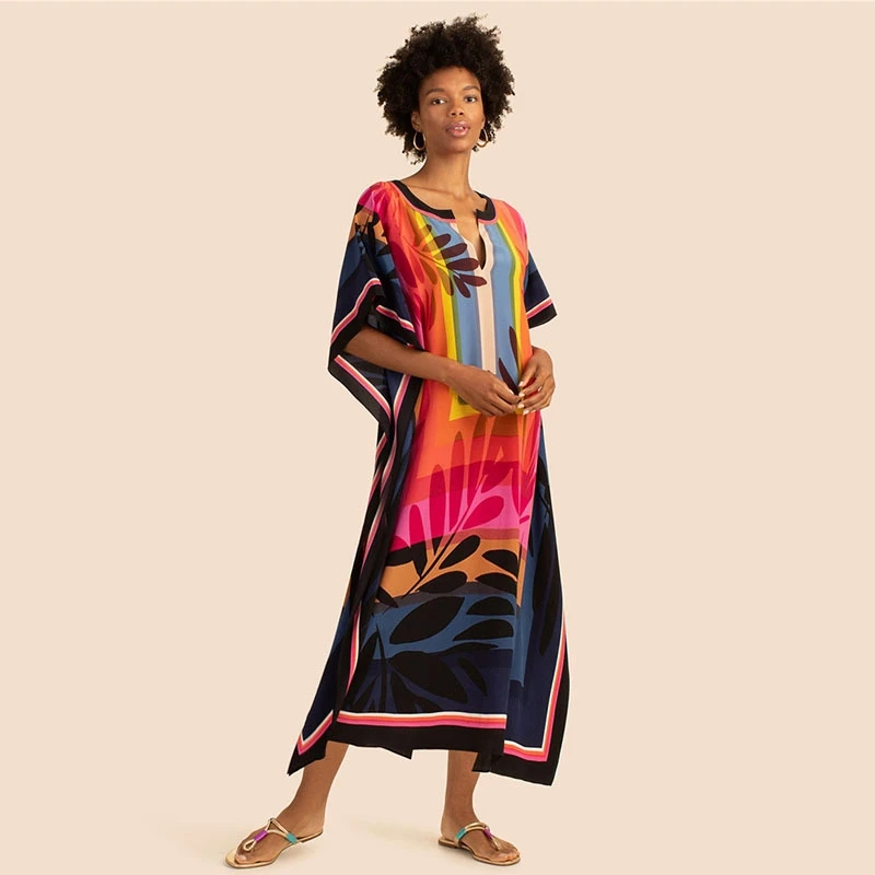 Mysterious Tribal Maxi Dress Loose Fit Kaftan Shoreline Caftan Santorini Holiday Resortwear Quick Dry Beach Cover Ups Robe Tunic