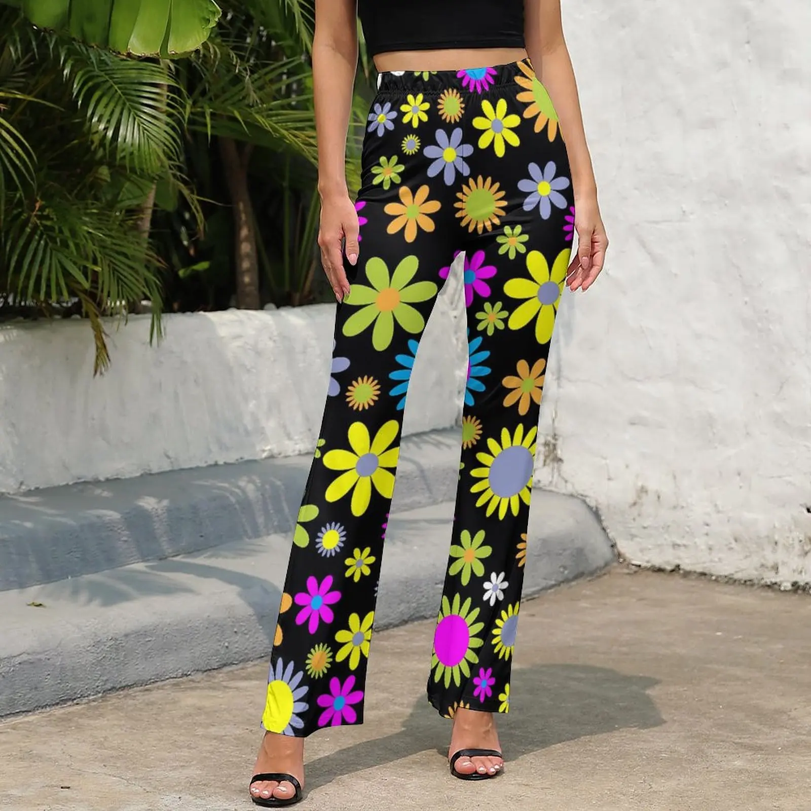 Retro Flower 60s Casual Pants Female Colorful Floral Slim Street Fashion Flare Pants Summer Kawaii Design Trousers