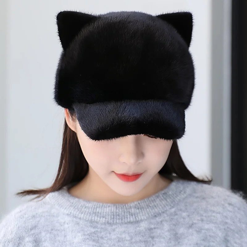 Fashion Winter Mink Duck Cap Cute Cat Ear Ladies Baseball Cap 100% Real Fur Outdoor Thickened Elegant Ear Cap New 2023