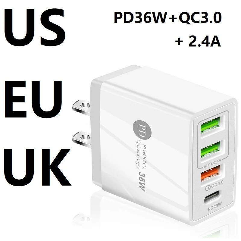 

PD36W Charger+QC3.0 2.4A Dual USB Fast Charge Mobile Phone Charger USB with PD Charging Head Travel EU US AU Plug Charger