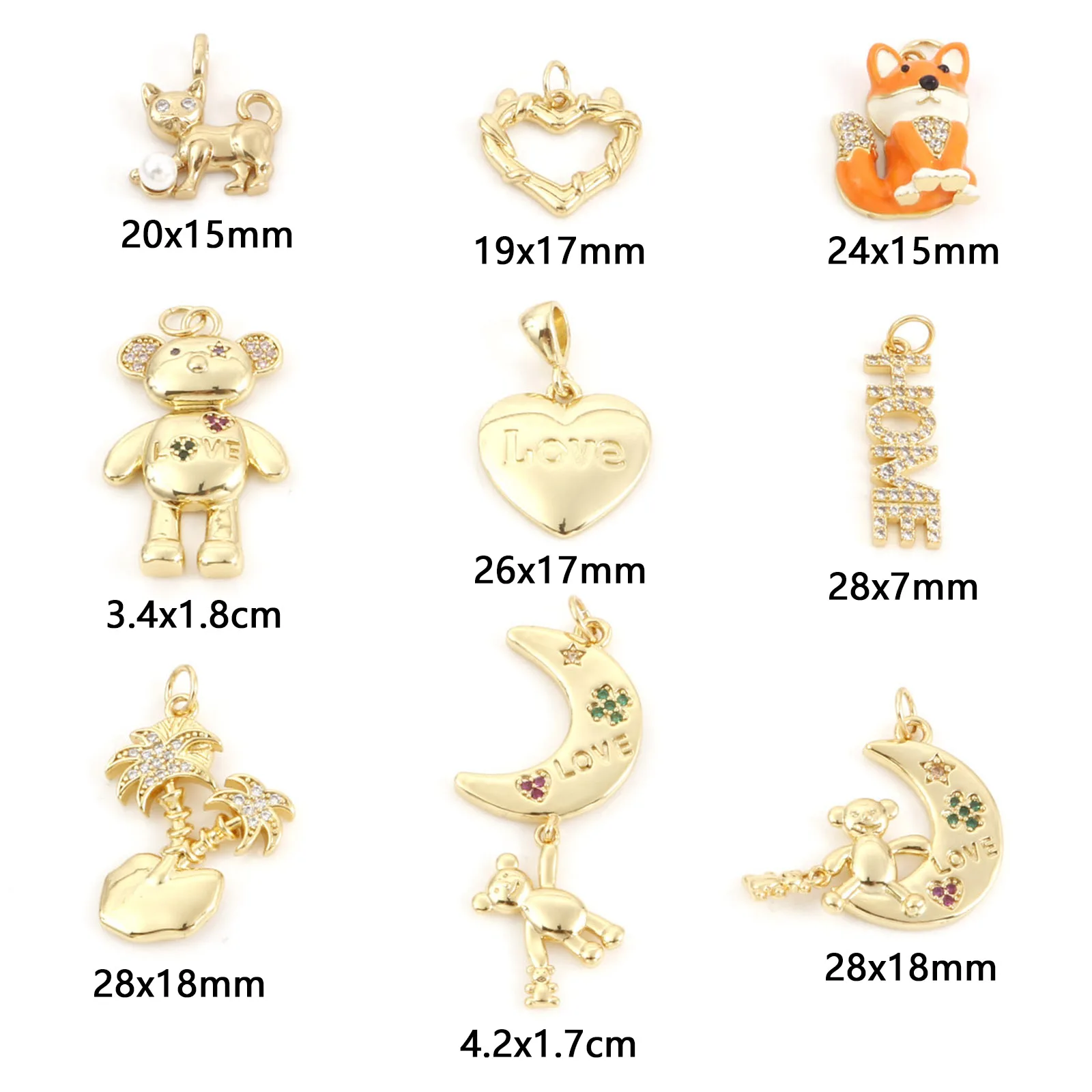 1pc Brass Charms Gold Color Bear Animal Moon Micro Pave Multicolor Rhinestone Pendant DIY Making Necklace Women Party Jewelry