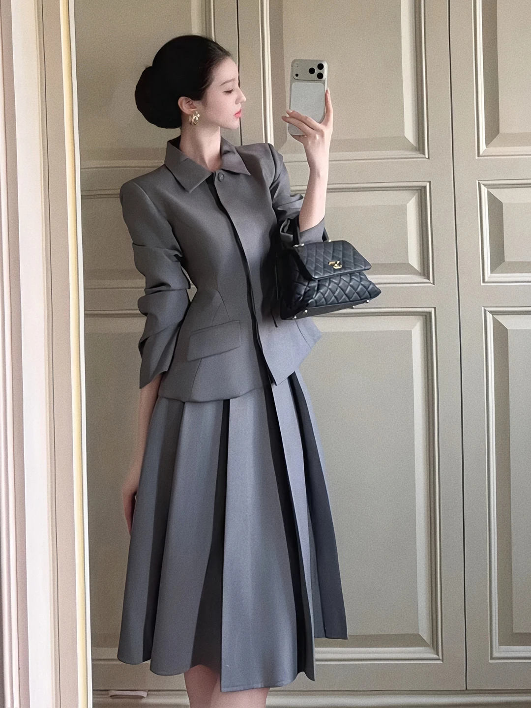 Korean Style Hourglass Suit Set Women's Autumn Winter Slimming Commute Outerwear Midi Skirt Two Piece Set Casual Fashion